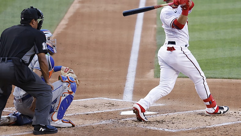Jun 28, 2021; Washington, District of Columbia, USA; Washington Nationals center fielder Gerardo Parra (88) hits a solo home run against the New York Mets in the second inning at Nationals Park. Mandatory Credit: Geoff Burke-USA TODAY Sports