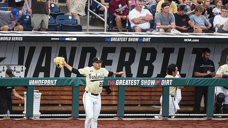 Jun 28, 2021; Omaha, Nebraska, USA;  Vanderbilt Commodores starting pitcher Jack Leiter (22) warms up before taking the field before the fourth inning against the Mississippi St. Bulldogs at TD Ameritrade Park. Mandatory Credit: Steven Branscombe-USA TODAY Sports