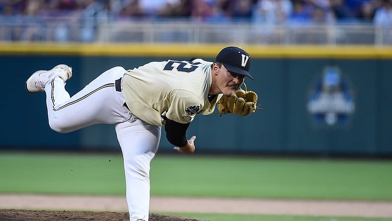 Jun 28, 2021; Omaha, Nebraska, USA;  Vanderbilt Commodores starting pitcher Jack Leiter (22) pitches in the fifth inning against the Mississippi St. Bulldogs at TD Ameritrade Park. Mandatory Credit: Steven Branscombe-USA TODAY Sports