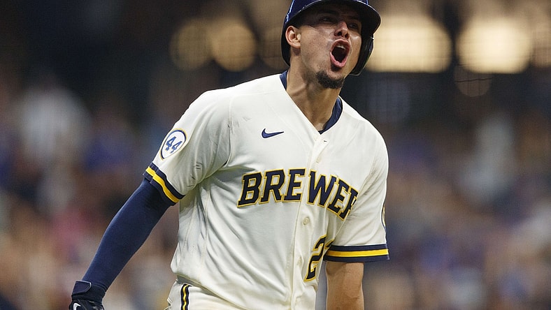 Jun 28, 2021; Milwaukee, Wisconsin, USA;  Milwaukee Brewers shortstop Willy Adames (27) reacts after hitting a three run home run during the eighth inning against the Chicago Cubs at American Family Field. Mandatory Credit: Jeff Hanisch-USA TODAY Sports