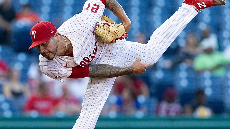 Jun 29, 2021; Philadelphia, Pennsylvania, USA; Philadelphia Phillies starting pitcher Vince Velasquez (21) pitches against the Miami Marlins during the first inning at Citizens Bank Park. Mandatory Credit: Bill Streicher-USA TODAY Sports