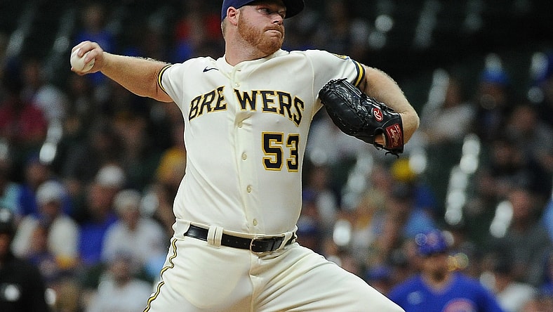 Jun 29, 2021; Milwaukee, Wisconsin, USA;  Milwaukee Brewers starting pitcher Brandon Woodruff (53) delivers a pitch against the Chicago Cubs in the fourth inning at American Family Field. Mandatory Credit: Michael McLoone-USA TODAY Sports