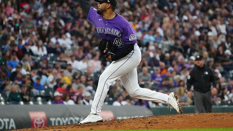 Jun 29, 2021; Denver, Colorado, USA; Colorado Rockies starting pitcher German Marquez (48) delivers a pitch in the sixth inning against the Pittsburgh Pirates at Coors Field. Mandatory Credit: Ron Chenoy-USA TODAY Sports