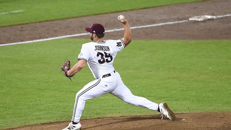 Jun 29, 2021; Omaha, Nebraska, USA;  Mississippi St. Bulldogs pitcher Preston Johnson (35) pitches in the fifth inning against the Vanderbilt Commodores at TD Ameritrade Park. Mandatory Credit: Steven Branscombe-USA TODAY Sports