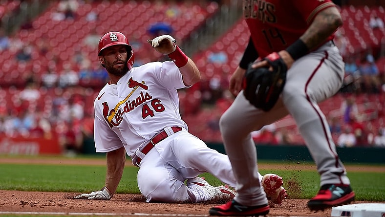 Jun 30, 2021; St. Louis, Missouri, USA;  St. Louis Cardinals first baseman Paul Goldschmidt (46) slides in at third base during the third inning against the Arizona Diamondbacks at Busch Stadium. Mandatory Credit: Jeff Curry-USA TODAY Sports