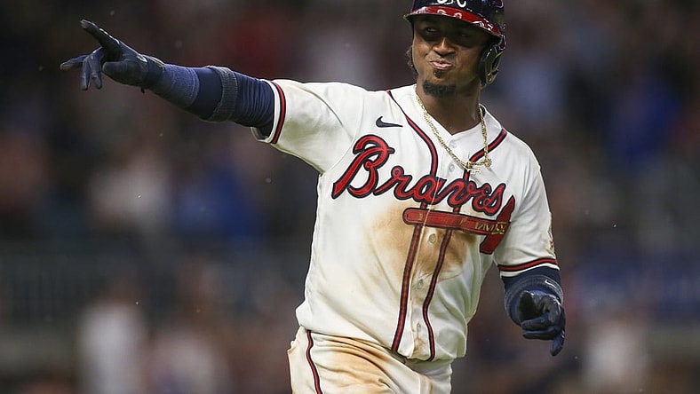 Jun 30, 2021; Atlanta, Georgia, USA; Atlanta Braves second baseman Ozzie Albies (1) celebrates after a home run against the New York Mets in the fifth inning at Truist Park. Mandatory Credit: Brett Davis-USA TODAY Sports