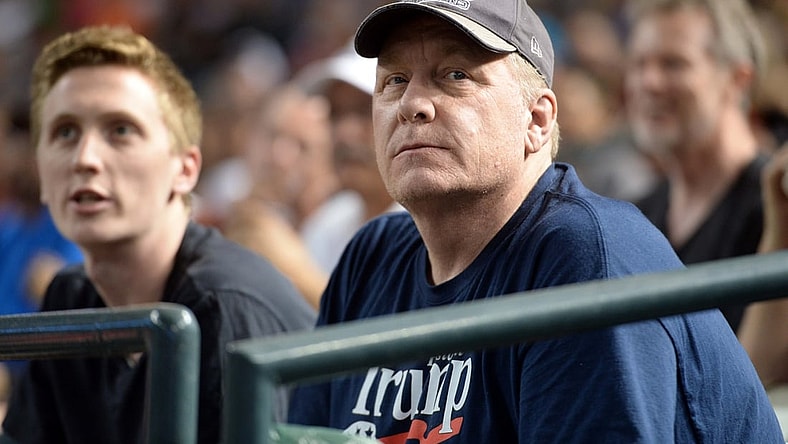 Aug 3, 2018; Phoenix, AZ, USA; MLB Hall of Fame pitcher Curt Schilling looks on during the first inning of the game between the Arizona Diamondbacks and the San Francisco Giants at Chase Field. Mandatory Credit: Joe Camporeale-USA TODAY Sports