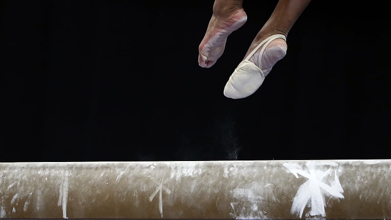 Aug 17, 2018; Boston, MA, USA; A competitors feet are seen on the balance beam during the U.S. Gymnastics Championships at TD Garden. Mandatory Credit: Winslow Townson-USA TODAY Sports