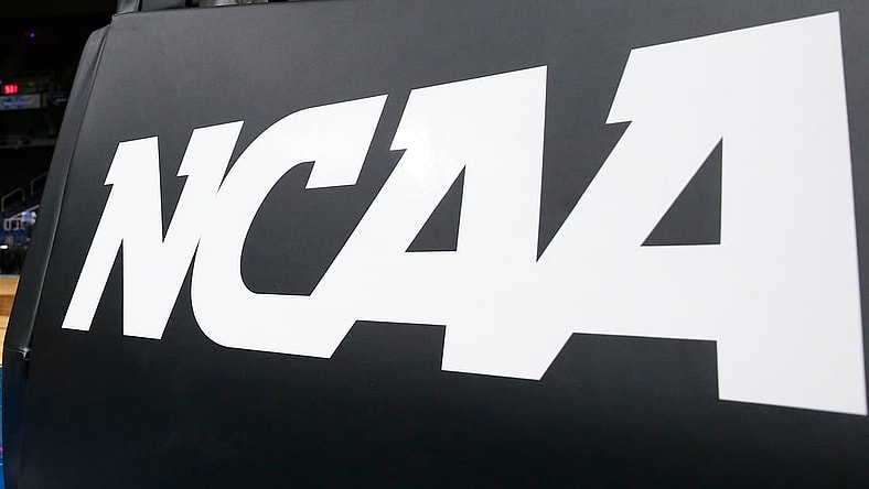 Mar 29, 2019; Albany , NY, USA; General view of a NCAA logo prior to an Albany regional semifinal game of the women's 2019 NCAA Tournament between the UCLA Bruins and the UConn Huskies at the Times Union Center. Mandatory Credit: Rich Barnes-USA TODAY Sports
