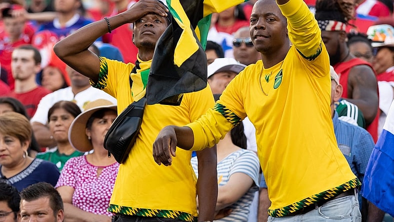Jun 30, 2019; Philadelphia, PA, USA; Jamaica fans react after a goal against Panama during the second half of quarterfinal play in the CONCACAF Gold Cup soccer tournament at Lincoln Financial Field. Mandatory Credit: Bill Streicher-USA TODAY Sports