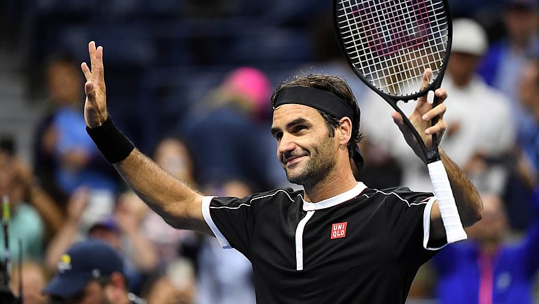 Aug 26, 2019; Flushing, NY, USA; Roger Federer of Switzerland waves to the crowd after his win over Sumit Nagal of India in the first round on day one of the 2019 U.S. Open tennis tournament at USTA Billie Jean King National Tennis Center. Mandatory Credit: Danielle Parhizkaran-USA TODAY Sports