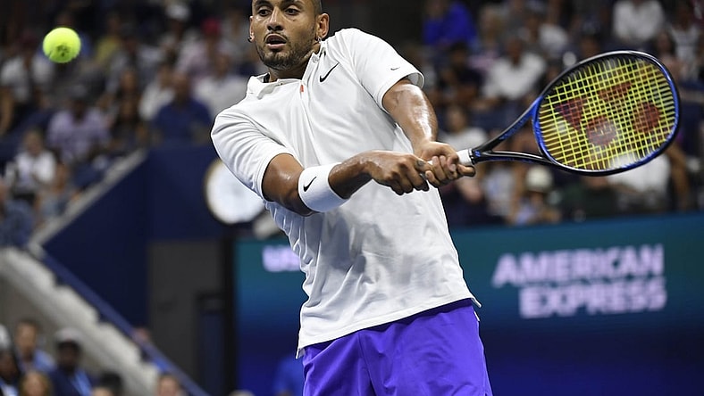Aug 31, 2019; Flushing, NY, USA; Nick Kyrgios of Australia returns a shot against Andrey Rublev of Russia in a third round match on day six of the 2019 U.S. Open tennis tournament at USTA Billie Jean King National Tennis Center. Mandatory Credit: Danielle Parhizkaran-USA TODAY Sports