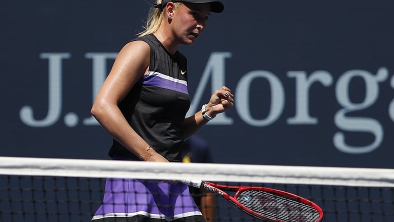 Sep 4, 2019; Flushing, NY, USA; Donna Vekic of Croatia reacts after winning a point against Belinda Bencic of Switzerland (not pictured) in a quarterfinal match on day ten of the 2019 US Open tennis tournament at USTA Billie Jean King National Tennis Center. Mandatory Credit: Geoff Burke-USA TODAY Sports