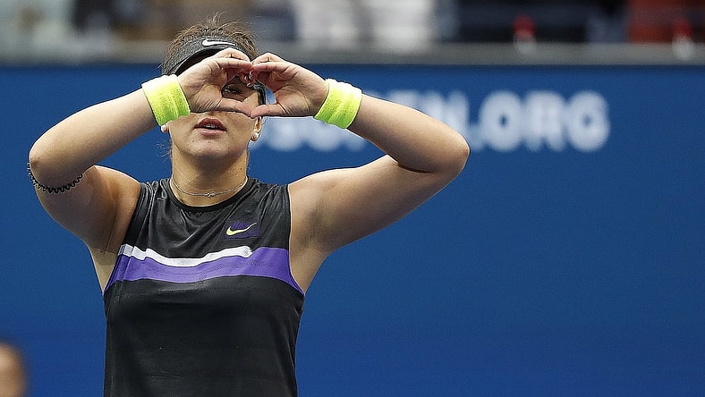 Sep 7, 2019; Flushing, NY, USA; Bianca Andreescu of Canada reacts after her match against Serena Williams of the United States (not pictured) in the women s final on day thirteen of the 2019 US Open tennis tournament at USTA Billie Jean King National Tennis Center. Mandatory Credit: Geoff Burke-USA TODAY Sports