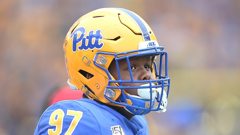 Oct 26, 2019; Pittsburgh, PA, USA;   Pittsburgh Panthers defensive lineman Jaylen Twyman (97) looks on from the sidelines against the Miami Hurricanes during the first quarter at Heinz Field. Miami won 16-12. Mandatory Credit: Charles LeClaire-USA TODAY Sports
