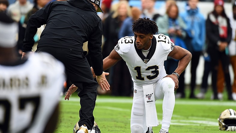 Dec 22, 2019; Nashville, Tennessee, USA; New Orleans Saints wide receiver Michael Thomas (13) and New Orleans Saints head coach Sean Payton slap hands before the game against the Tennessee Titans at Nissan Stadium. Mandatory Credit: Christopher Hanewinckel-USA TODAY Sports