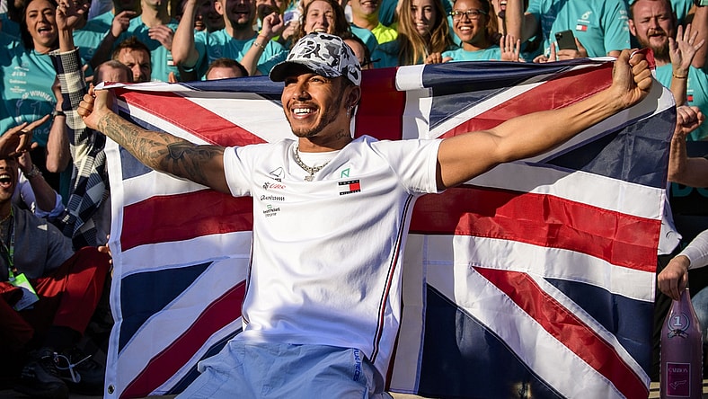 Nov 3, 2019; Austin, TX, USA; Mercedes AMG Petronas Motorsport driver Lewis Hamilton (44) of Great Britain celebrates winning his sixth world championship after the United States Grand Prix at Circuit of the Americas. Mandatory Credit: Jerome Miron-USA TODAY Sports