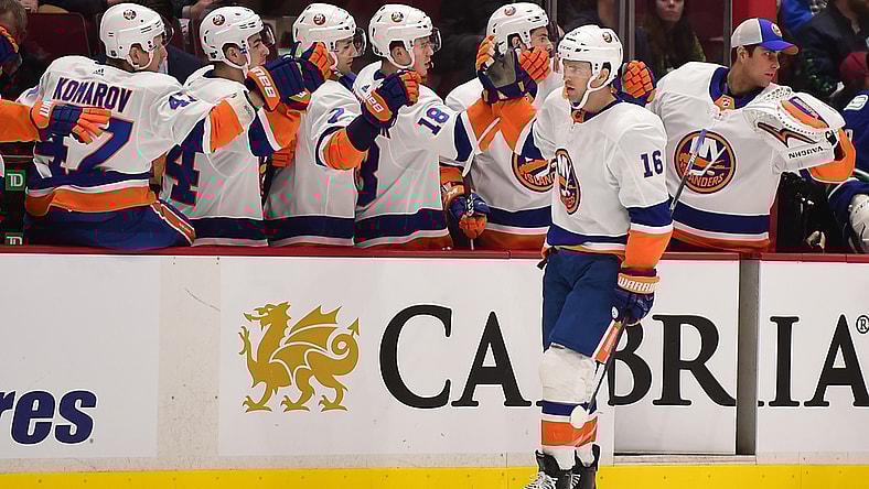 Mar 10, 2020; Vancouver, British Columbia, CAN;  New York Islanders forward Andrew Ladd (16) celebrates his goal against Vancouver Canucks goaltender Thatcher Demko (35) (not pictured) during the first period at Rogers Arena. Mandatory Credit: Anne-Marie Sorvin-USA TODAY Sports