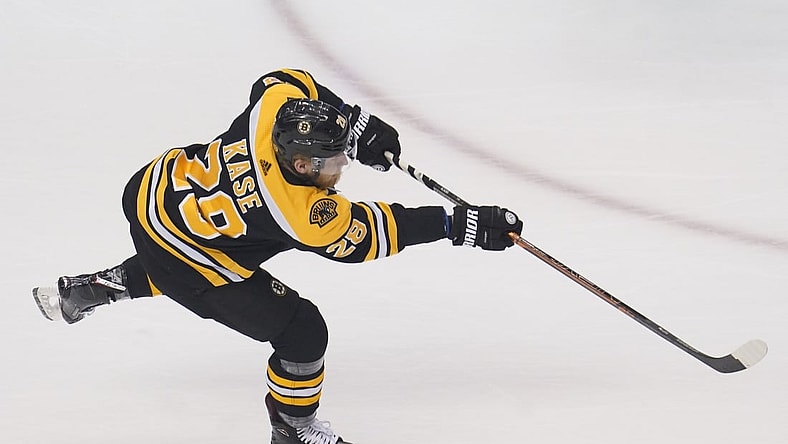 Aug 29, 2020; Toronto, Ontario, CAN;  Boston Bruins forward Ondrej Kase (28) shoots the puck in warm up before game four of the second round of the 2020 Stanley Cup Playoffs against the Tampa Bay Lightning at Scotiabank Arena. Mandatory Credit: John E. Sokolowski-USA TODAY Sports