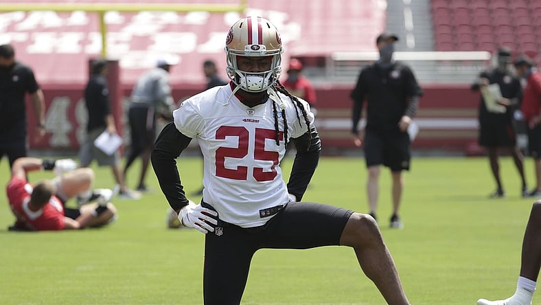Sep 2, 2020; Santa Clara, CA, USA; San Francisco 49ers cornerback Richard Sherman (25) stretches during training camp at Levi   s Stadium. Mandatory Credit: San Francisco 49ers/Pool Photo via USA TODAY Network