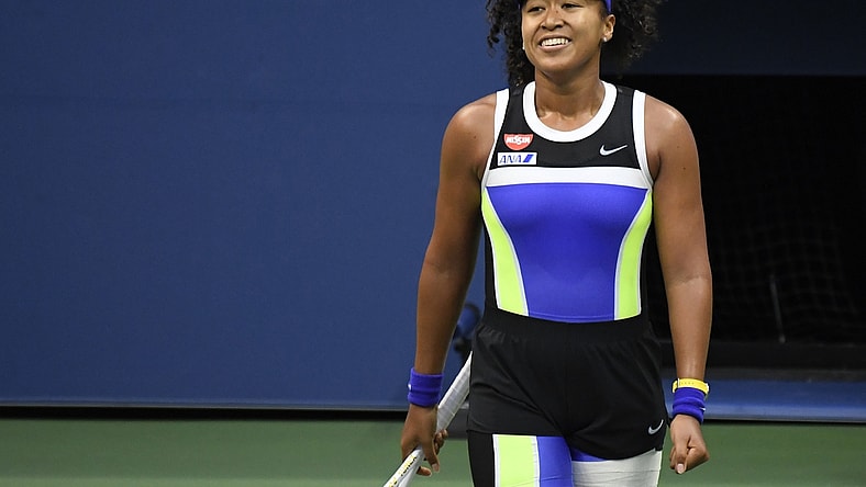 Sep 12 2020; Flushing Meadows, New York, USA; Naomi Osaka of Japan celebrates after match point against Victoria Azarenka of Belarus (not pictured) in the women's singles final on day thirteen of the 2020 U.S. Open tennis tournament at USTA Billie Jean King National Tennis Center. Mandatory Credit: Danielle Parhizkaran-USA TODAY Sports