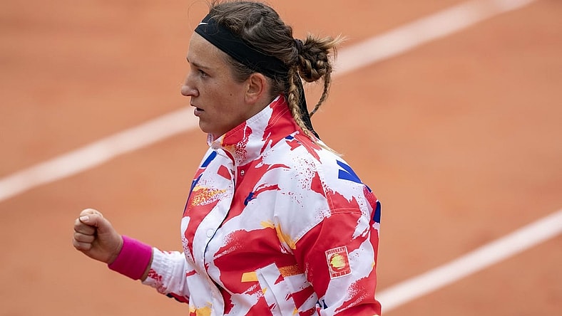 Sep 27, 2020; Paris, France; Victoria Azarenka (BLR) reacts during her match against Danka Kovinic (MNE) on day one of the 2020 French Open at Stade Roland Garros. Mandatory Credit: Susan Mullane-USA TODAY Sports