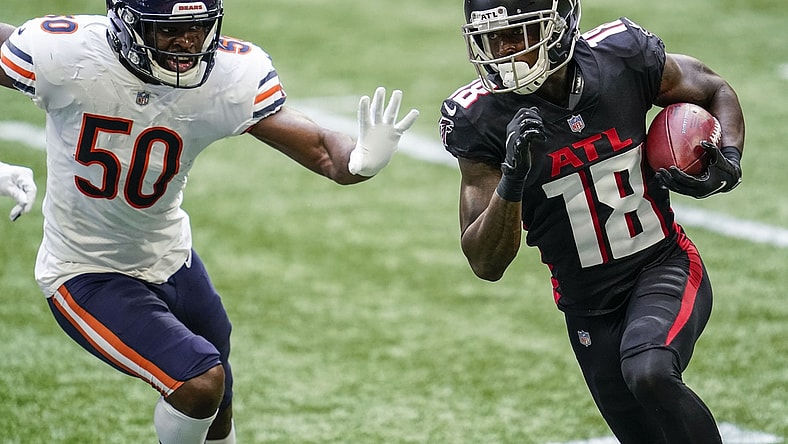 Sep 27, 2020; Atlanta, Georgia, USA; Atlanta Falcons wide receiver Calvin Ridley (18) runs against Chicago Bears linebacker Barkevious Mingo (50) during the first half at Mercedes-Benz Stadium. Mandatory Credit: Dale Zanine-USA TODAY Sports