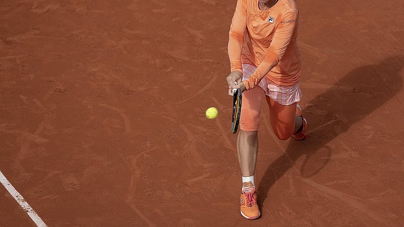 Oct 4, 2020; Paris, France; Kiki Bertens (NED) in action during her match against Martina Trevisan (ITA) on day eight at Stade Roland Garros. Mandatory Credit: Susan Mullane-USA TODAY Sports