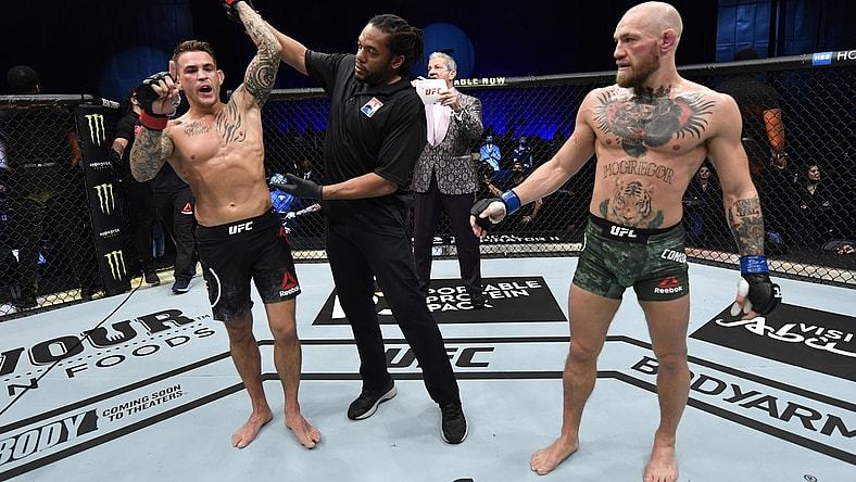 Jan 23, 2021; Abu Dhabi, United Arab Emirates; Dustin Poirier reacts after his knockout victory over Conor McGregor of Ireland in a lightweight fight during the UFC 257 event inside Etihad Arena on UFC Fight Island.  Mandatory Credit: Jeff Bottari/Handout Photo via USA TODAY Sports