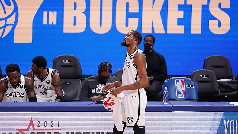 Feb 13, 2021; San Francisco, California, USA; Brooklyn Nets forward Kevin Durant (7) walks in front of the team bench during a timeout against the Golden State Warriors in the fourth quarter at the Chase Center. Mandatory Credit: Cary Edmondson-USA TODAY Sports