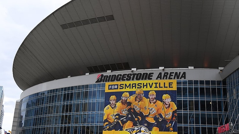Feb 28, 2021; Nashville, Tennessee, USA; General view of Bridgestone Arena before the game between the Nashville Predators and the Columbus Blue Jackets. Mandatory Credit: Christopher Hanewinckel-USA TODAY Sports