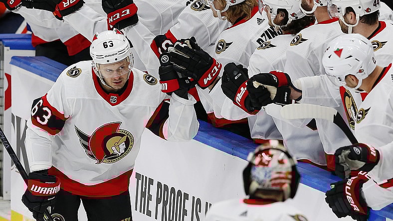 Mar 8, 2021; Edmonton, Alberta, CAN; Ottawa Senators forward Evgenii Dadonov (63) celebrates a first period goal against there Edmonton Oilers at Rogers Place. Mandatory Credit: Perry Nelson-USA TODAY Sports