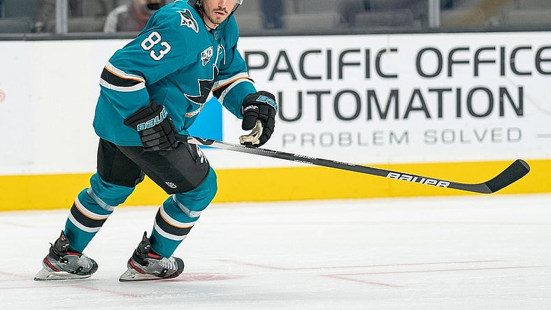 Mar 3, 2021; San Jose, California, USA;  San Jose Sharks defenseman Christian Jaros (83) watches the puck during the third period against the Colorado Avalanche at SAP Center at San Jose. Mandatory Credit: Stan Szeto-USA TODAY Sports
