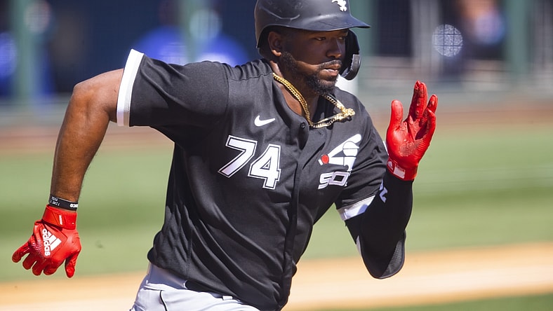 Mar 8, 2021; Glendale, Arizona, USA; Chicago White Sox outfielder Eloy Jimenez against the Los Angeles Dodgers during a Spring Training game at Camelback Ranch Glendale. Mandatory Credit: Mark J. Rebilas-USA TODAY Sports