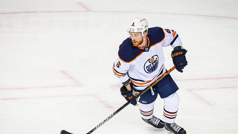 Mar 15, 2021; Calgary, Alberta, CAN; Edmonton Oilers defenseman Adam Larsson (6) skates against the Calgary Flames during the second period at Scotiabank Saddledome. Mandatory Credit: Sergei Belski-USA TODAY Sports