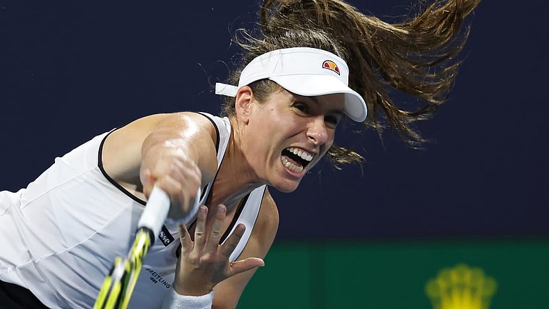 Mar 27, 2021; Miami, Florida, USA; Johanna Konta of Great Britain serves against Petra Kvitova of Czech Republic (not pictured) in the third round in the Miami Open at Hard Rock Stadium. Mandatory Credit: Geoff Burke-USA TODAY Sports