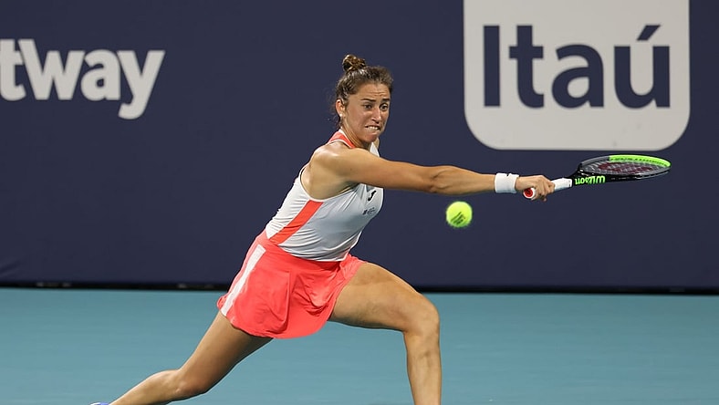 Mar 31, 2021; Miami, Florida, USA; Sara Sorribes Tormo of Spain reaches for a backhand against Bianca Andreescu of Canada (not pictured) in a women's singles quarterfinal in the Miami Open at Hard Rock Stadium. Mandatory Credit: Geoff Burke-USA TODAY Sports