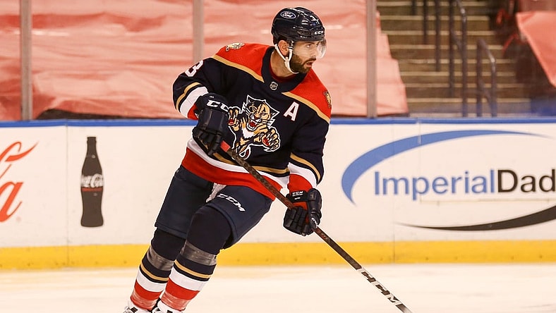 Apr 3, 2021; Sunrise, Florida, USA; Florida Panthers defenseman Keith Yandle (3) skates with the puck against the Columbus Blue Jackets during the first period at BB&T Center. Mandatory Credit: Sam Navarro-USA TODAY Sports