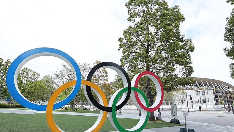 Apr 6, 2021; Tokyo, JAPAN; General view of the Olympic rings sculpture near the Japan National Stadium in preparation for the Tokyo 2020 Olympic Summer Games set to begin in July 2021. Mandatory Credit: Yukihito Taguchi-USA TODAY Sports