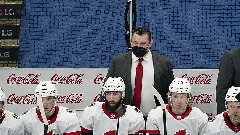 Apr 10, 2021; Toronto, Ontario, CAN; Ottawa Senators head coach D.J. Smith looks on during the third period against the Toronto Maple Leafs at Scotiabank Arena. Mandatory Credit: Nick Turchiaro-USA TODAY Sports