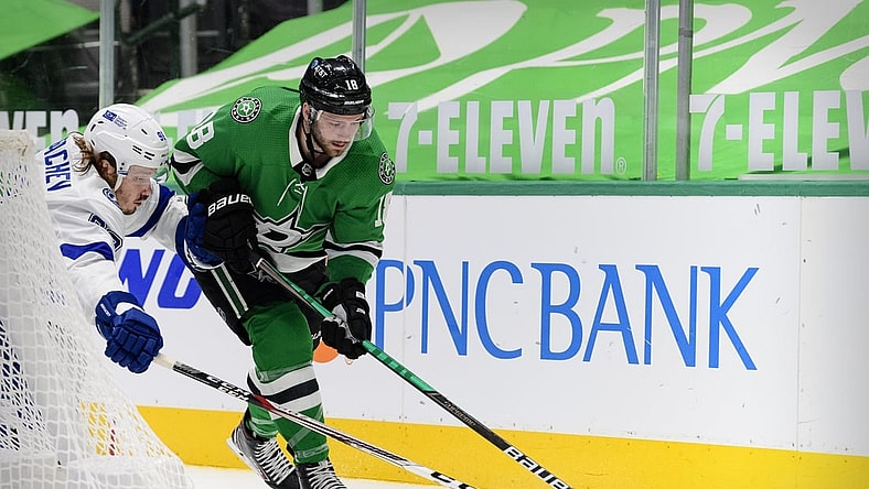 Mar 25, 2021; Dallas, Texas, USA; Dallas Stars center Jason Dickinson (18) in action during the game between the Dallas Stars and the Tampa Bay Lightning at the American Airlines Center. Mandatory Credit: Jerome Miron-USA TODAY Sports