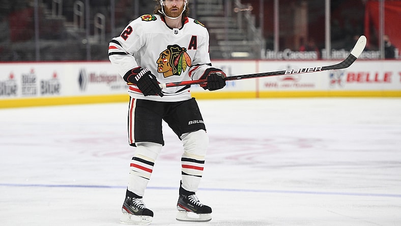 Apr 15, 2021; Detroit, Michigan, USA; Chicago Blackhawks defenseman Duncan Keith (2) during the third period against the Detroit Red Wings at Little Caesars Arena. Mandatory Credit: Tim Fuller-USA TODAY Sports