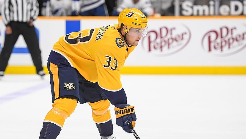 Apr 13, 2021; Nashville, Tennessee, USA;  Nashville Predators right wing Viktor Arvidsson (33) awaits the face off against the Tampa Bay Lightning during the first period at Bridgestone Arena. Mandatory Credit: Steve Roberts-USA TODAY Sports