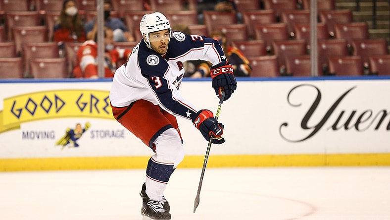 Apr 20, 2021; Sunrise, Florida, USA; Columbus Blue Jackets defenseman Seth Jones (3) passes the puck against the Florida Panthers during the second period at BB&T Center. Mandatory Credit: Sam Navarro-USA TODAY Sports