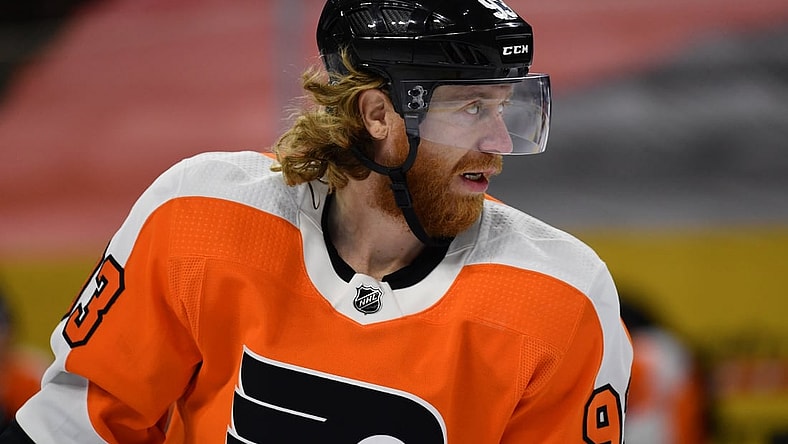 Apr 17, 2021; Philadelphia, Pennsylvania, USA; Philadelphia Flyers right wing Jakub Voracek (93) looks on in the second period against the Washington Capitals at Wells Fargo Center. Mandatory Credit: Kyle Ross-USA TODAY Sports