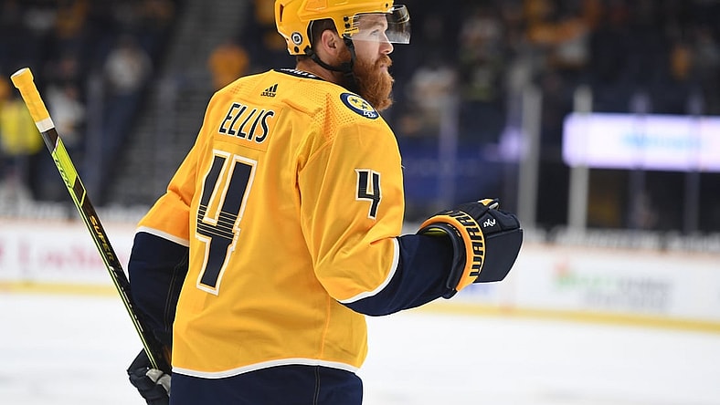 Apr 27, 2021; Nashville, Tennessee, USA; Nashville Predators defenseman Ryan Ellis (4) after scoring on a shot during the first period against the Florida Panthers at Bridgestone Arena. Mandatory Credit: Christopher Hanewinckel-USA TODAY Sports