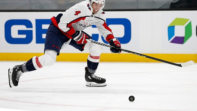 Apr 18, 2021; Boston, Massachusetts, USA; Washington Capitals defenseman Brenden Dillon (4) during the first period against the Boston Bruins at TD Garden. Mandatory Credit: Winslow Townson-USA TODAY Sports