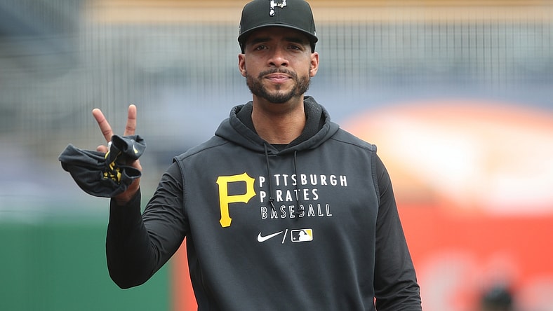 Apr 28, 2021; Pittsburgh, Pennsylvania, USA;  Pittsburgh Pirates relief pitcher Duane Underwood Jr. (56) gestures on the field before playing the Kansas City Royals at PNC Park. Mandatory Credit: Charles LeClaire-USA TODAY Sports