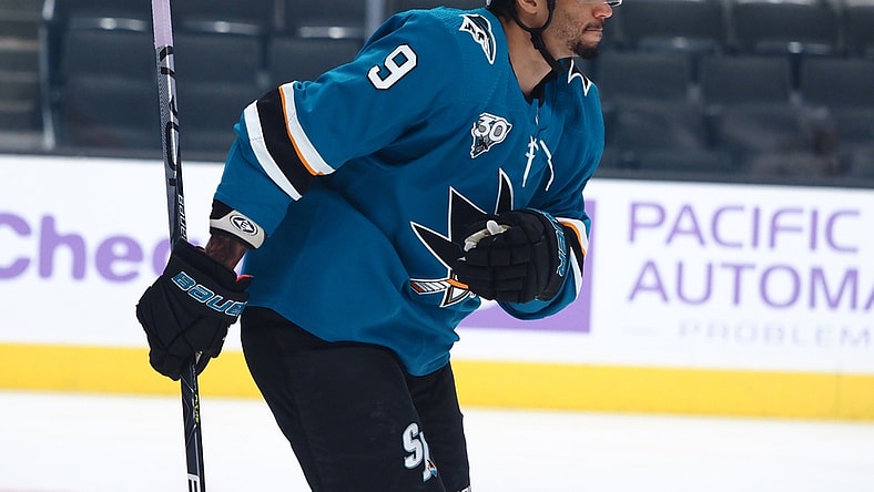 May 3, 2021; San Jose, California, USA; San Jose Sharks left wing Evander Kane (9) after scoring a goal against the Colorado Avalanche during the first period at SAP Center at San Jose. Mandatory Credit: Kelley L Cox-USA TODAY Sports