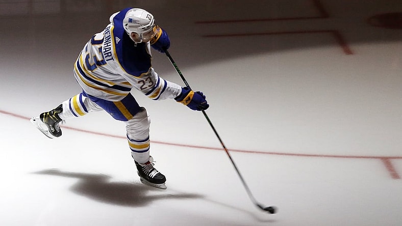 May 8, 2021; Pittsburgh, Pennsylvania, USA;  Buffalo Sabres center Sam Reinhart (23) takes the ice to warm up against the Pittsburgh Penguins at PPG Paints Arena. Mandatory Credit: Charles LeClaire-USA TODAY Sports